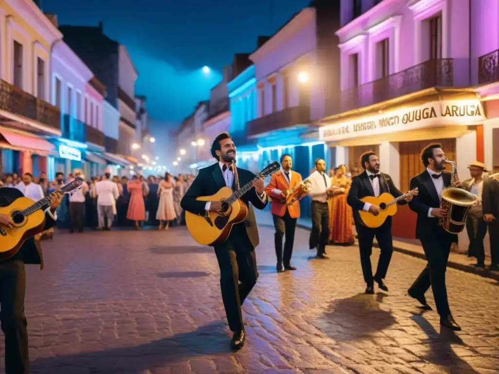 Baile de la Nostalgia Uruguay: Noche vibrante en la calle, gente riendo y bailando bajo luces neón coloridas