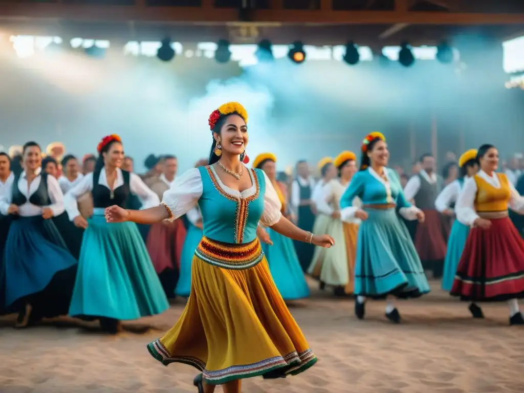 Un baile tradicional uruguayo en festividades, con coloridos trajes y música en vivo