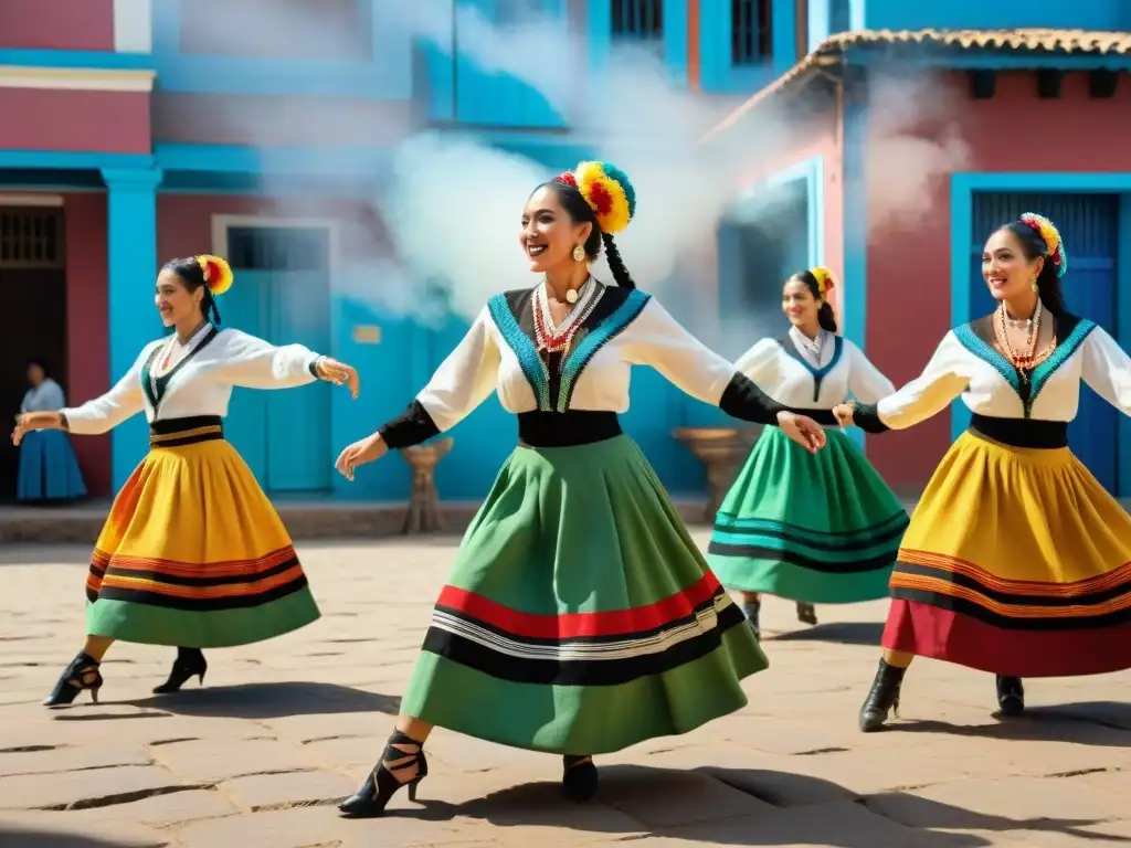 Baile tradicional Zamba uruguaya con danzantes apasionados y coloridos trajes en plaza vibrante