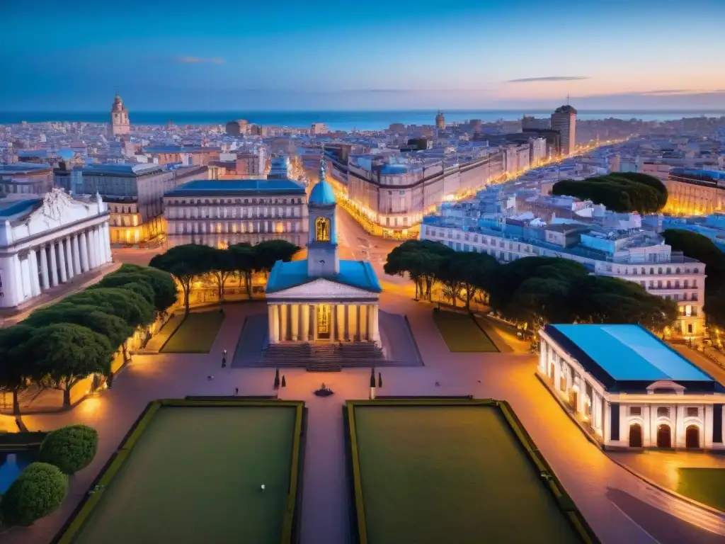 Fotografía en baja iluminación Uruguay: Atardecer en Plaza Independencia, Montevideo, resaltando la belleza urbana nocturna