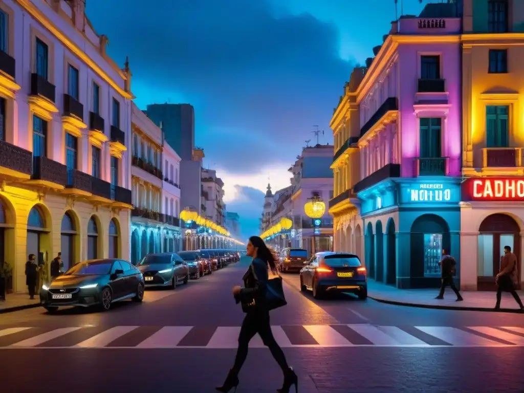 Fotografía en baja iluminación Uruguay: Noche vibrante en Montevideo con siluetas y luces neon