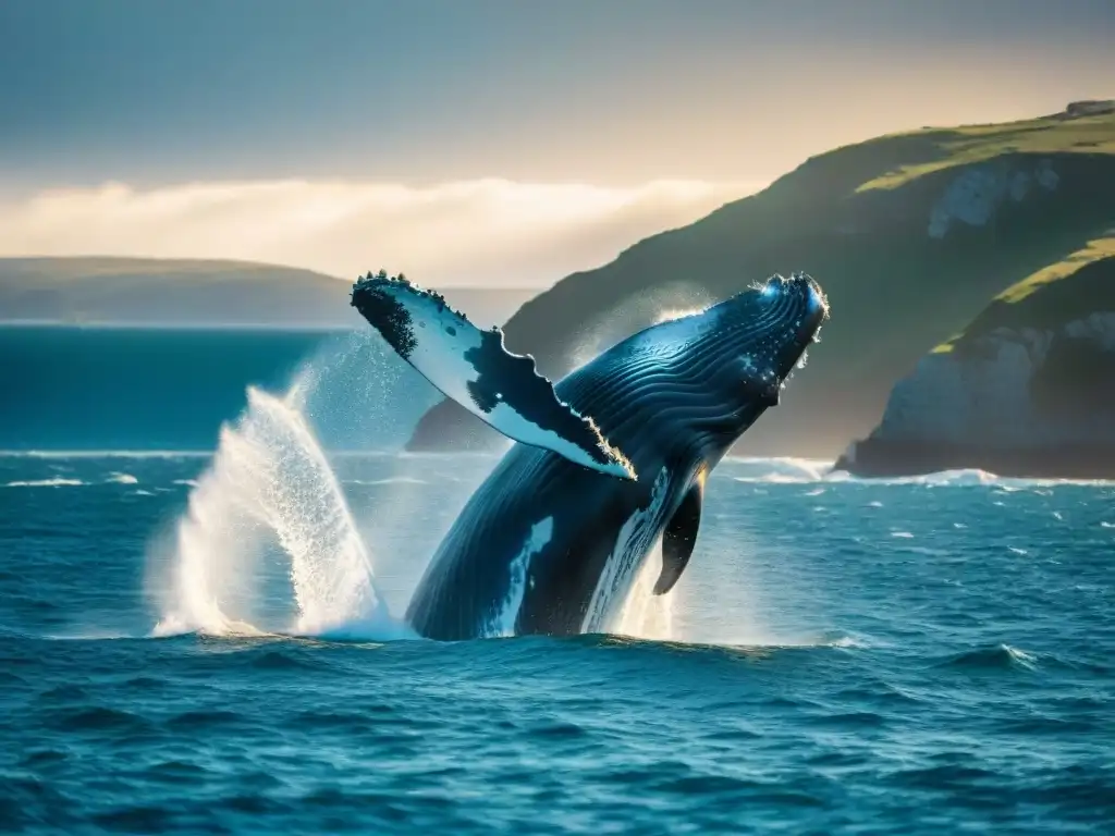 Fotografiar ballenas en Uruguay: Majestuosa ballena jorobada saltando en aguas azules con gotas suspendidas y costa uruguaya al fondo