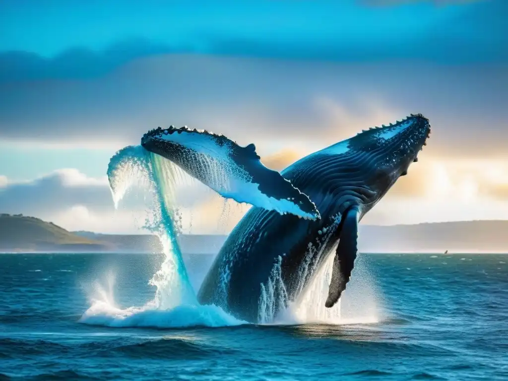 Fotografiar ballenas en Uruguay: majestuosa ballena jorobada saltando en el mar, con gotas de agua suspendidas en el aire