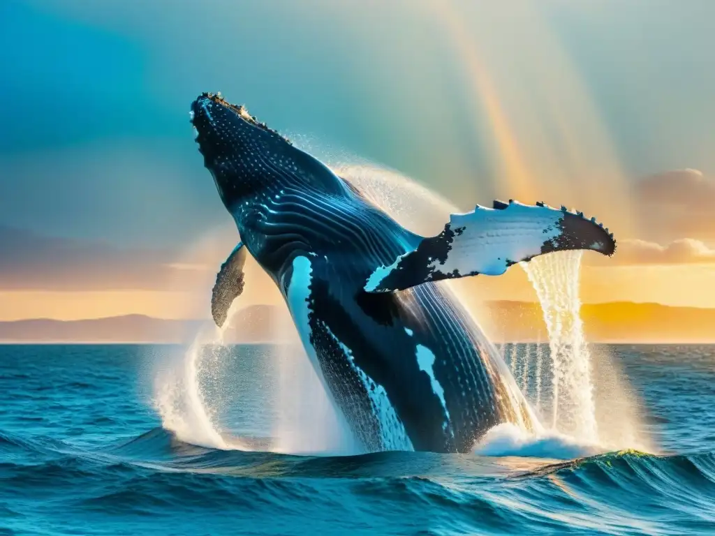 Fotografiar ballenas en Uruguay: majestuosa ballena jorobada saltando en el océano, con gotas brillantes bajo el sol, transmitiendo su poder y gracia