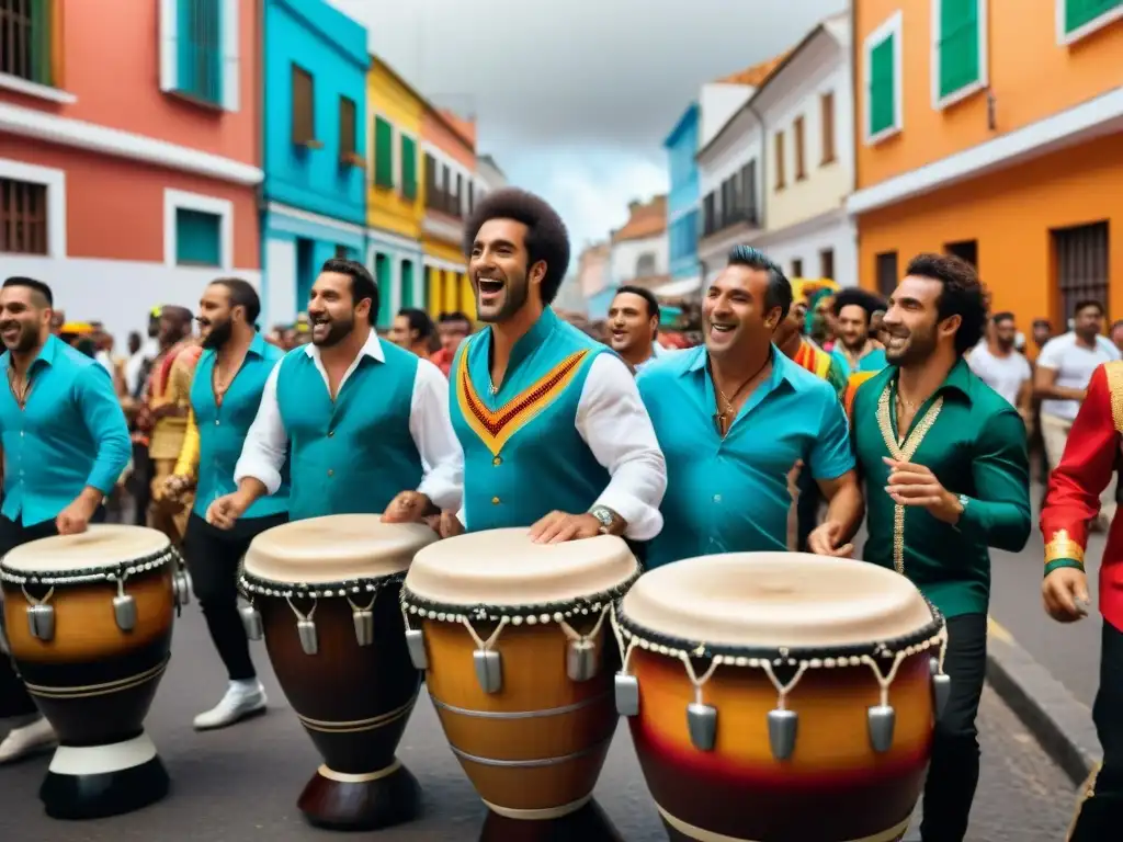 Banda uruguaya de candombe en desfile callejero vibrante, mostrando raíces africanas en la música uruguaya