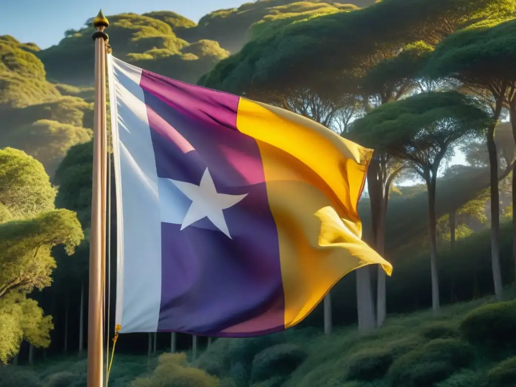 La bandera de Uruguay ondea en la naturaleza al amanecer, mostrando su vívido púrpura y amarillo