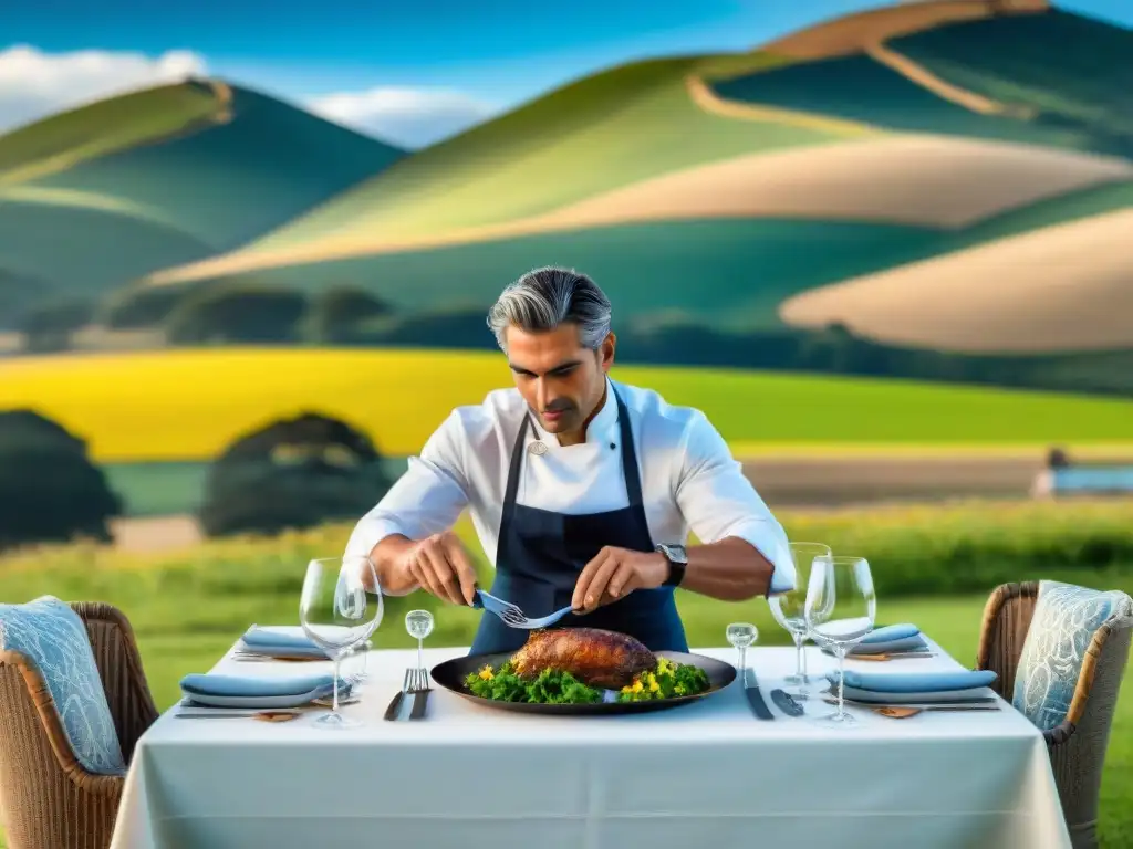 Un banquete de lujo en las estancias de Uruguay: mesa elegante, chef preparando plato gourmet