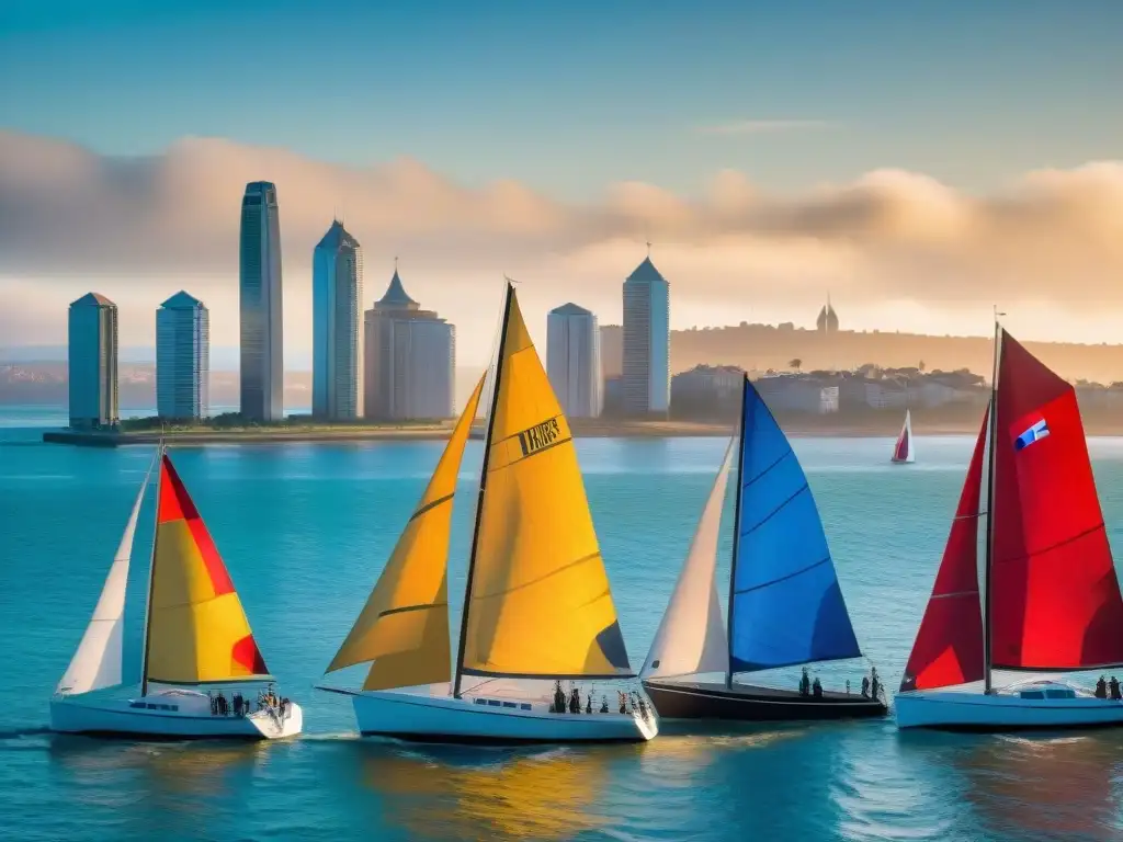 Sailors preparando sus barcos para regata en el Río de la Plata al atardecer, con la palabra clave 'Regatas emocionantes en Uruguay'