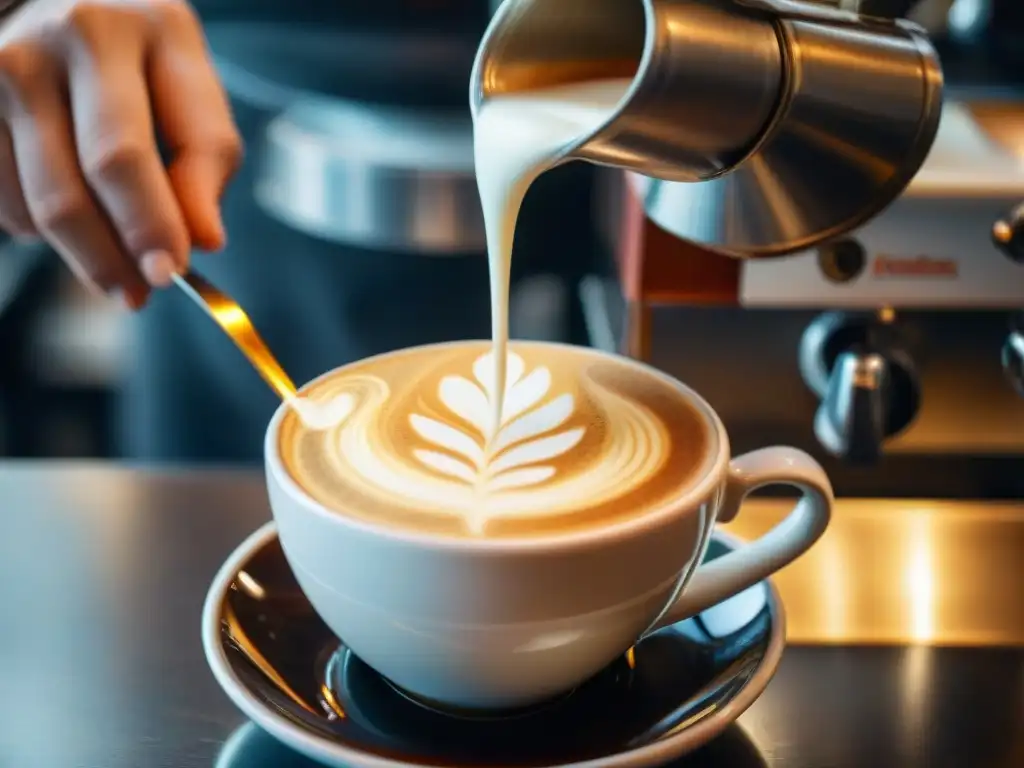 Barista creando arte latte de flor de café, detalle de sus manos y vapor, evocando artesanía en Rutas cafeteras Uruguay