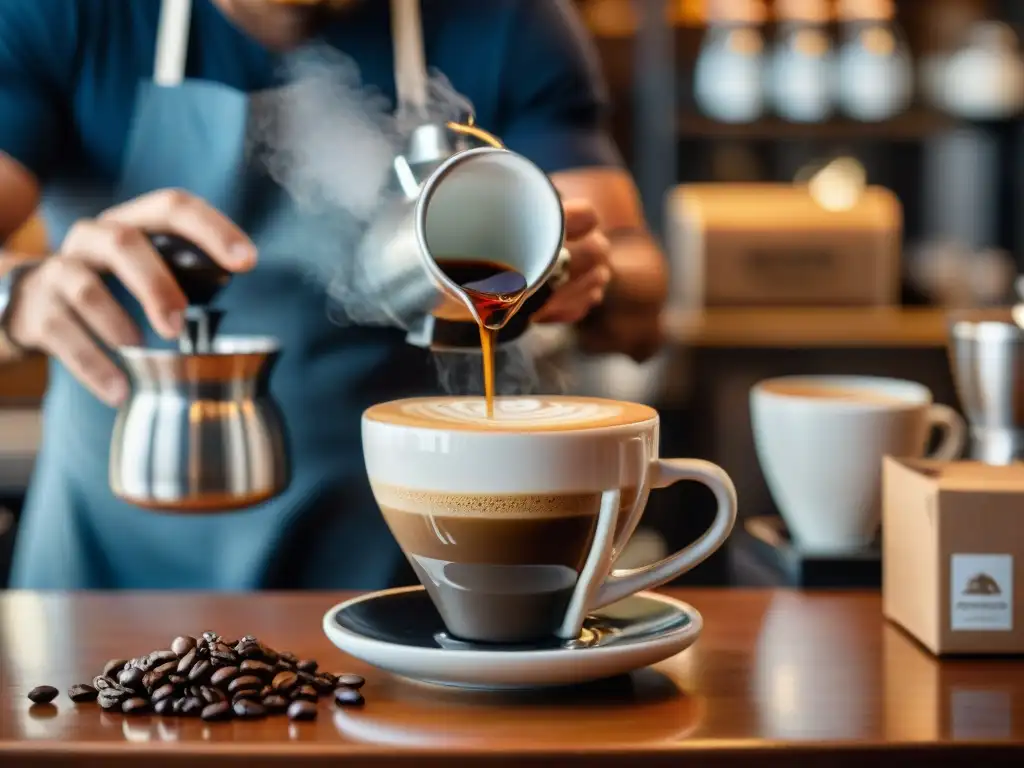 Un barista en cafetería de lujo en Uruguay preparando meticulosamente café de especialidad