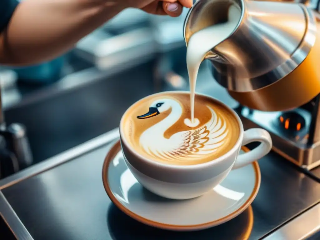 Un barista experto crea arte en un café en Montevideo, con una delicada figura de cisne en un delicioso café con leche