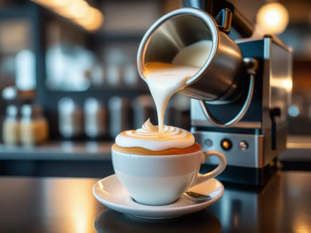 Un barista experto crea arte en un café de especialidad en Montevideo, con un delicioso diseño de rosas en un latte