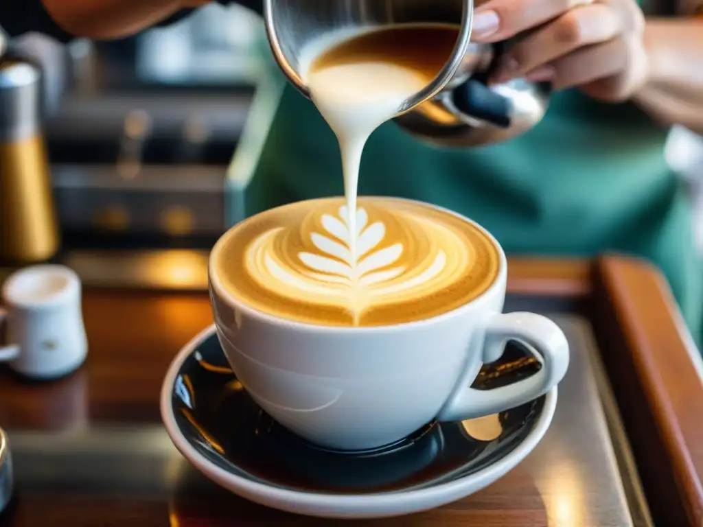 Un barista experto crea arte en un café de Montevideo, Uruguay, con un diseño de flores en su café latte