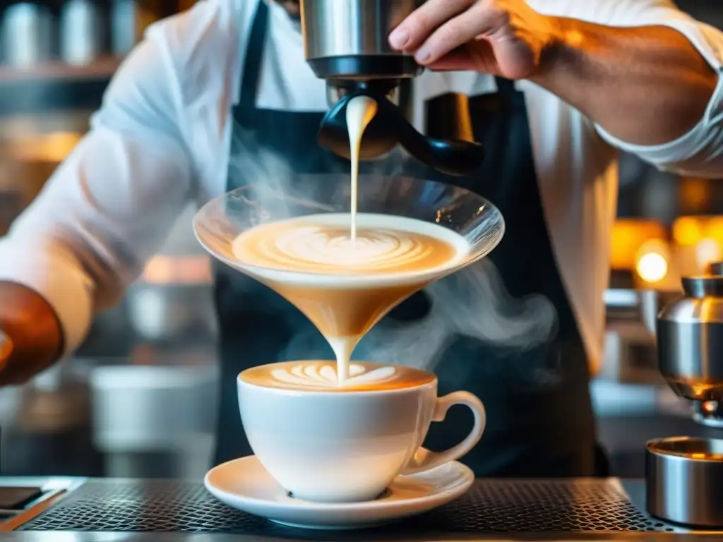 Un barista experto vierte leche vaporizada en un café perfectamente preparado en una cafetería de la Ruta del café en Uruguay