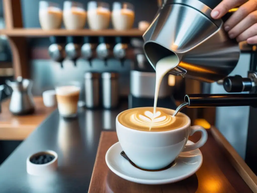 Un barista habilidoso creando arte en un café de especialidad en Montevideo