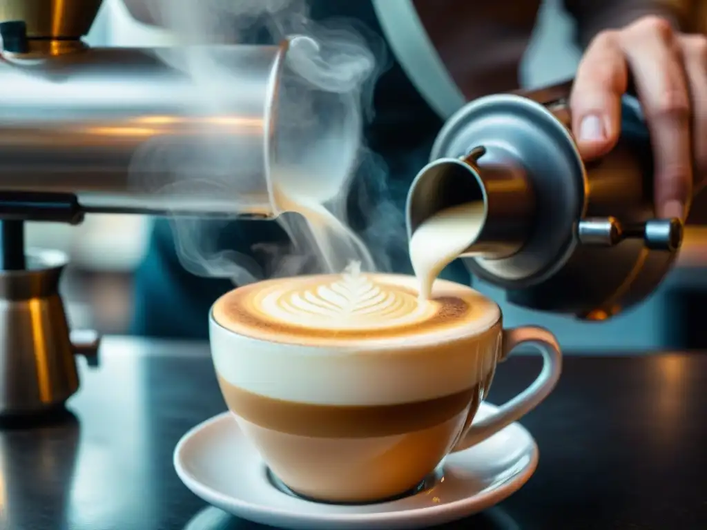 Un barista vierte leche vaporizada en un cappuccino, creando elegantes diseños