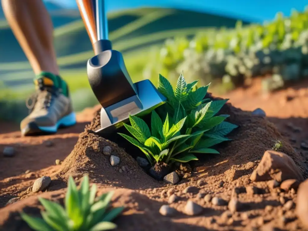 Un bastón de trekking en un sendero de Uruguay, mostrando la textura y desgaste del terreno, rodeado de vegetación exuberante y cielo azul