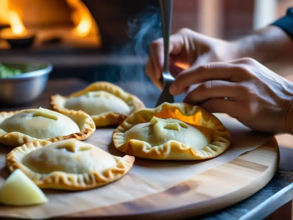 Bellas manos de chef moldeando empanadas uruguayas criollas en cocina rústica