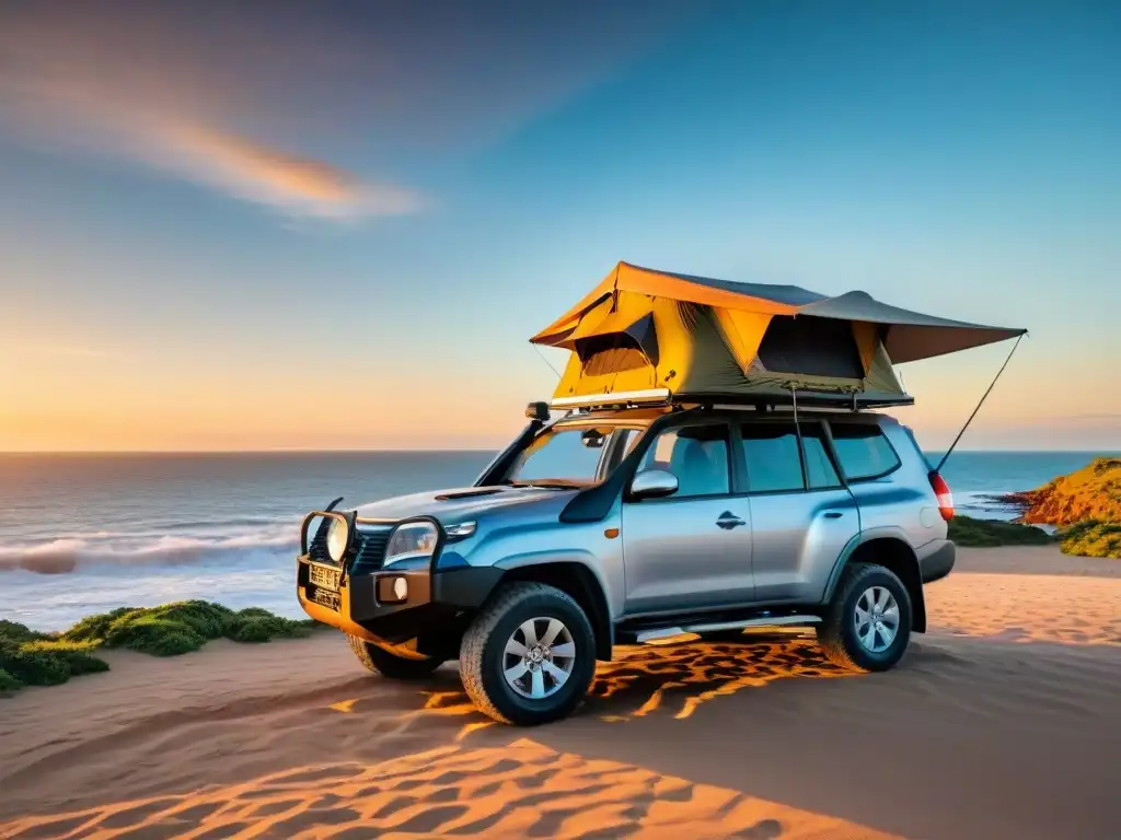 Explora la belleza de Uruguay con las mejores tiendas de techo, en un 4x4 iluminado por el atardecer en la costa