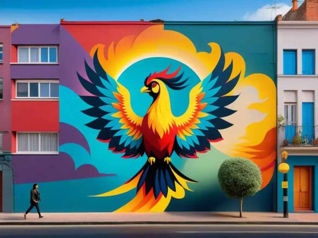 Fotografía de la belleza oculta en los barrios de Montevideo: un majestuoso fénix en vibrante arte callejero de La Paloma