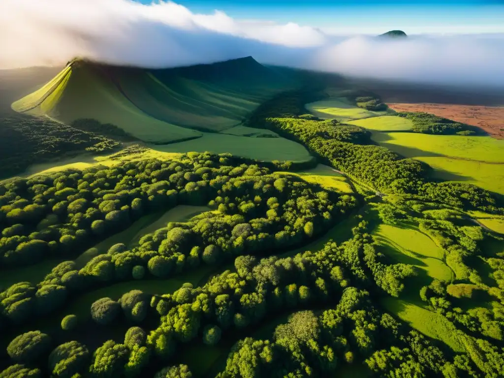 Explorando la belleza de paisajes volcánicos en Uruguay, con cráteres, ríos y vegetación en contraste