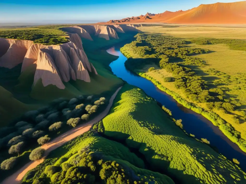 Explora la belleza del Parque Nacional Quebrada de los Cuervos en Uruguay: una vista detallada del Valle de la Luna con formaciones rocosas, vegetación exuberante y un río serpenteante bajo un cielo azul