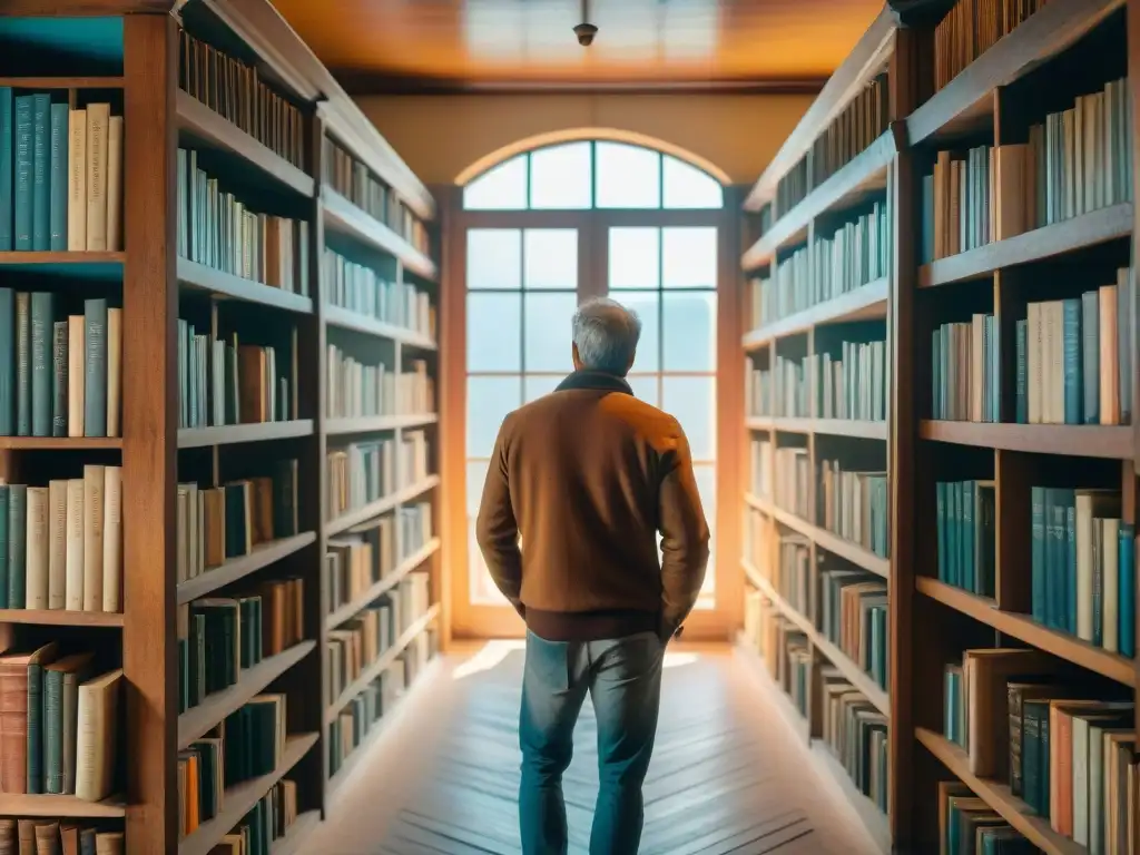 Un biblioteca desgastada en Uruguay, con libros antiguos y un bibliotecario dedicado organizando estantes