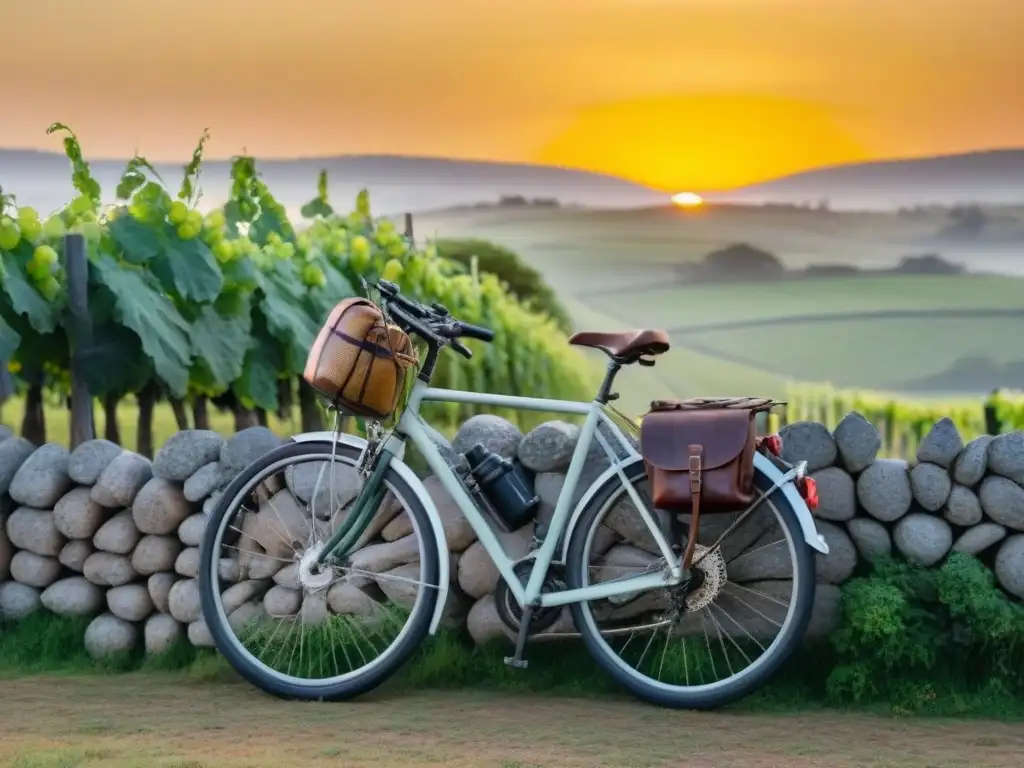 Bicicleta con accesorios esenciales ciclista en Uruguay, paisaje de viñedos al atardecer