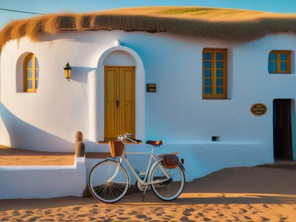 Bicicleta frente a Casapueblo al atardecer en Punta Ballena, Uruguay, con Accesorios esenciales ciclista Uruguay