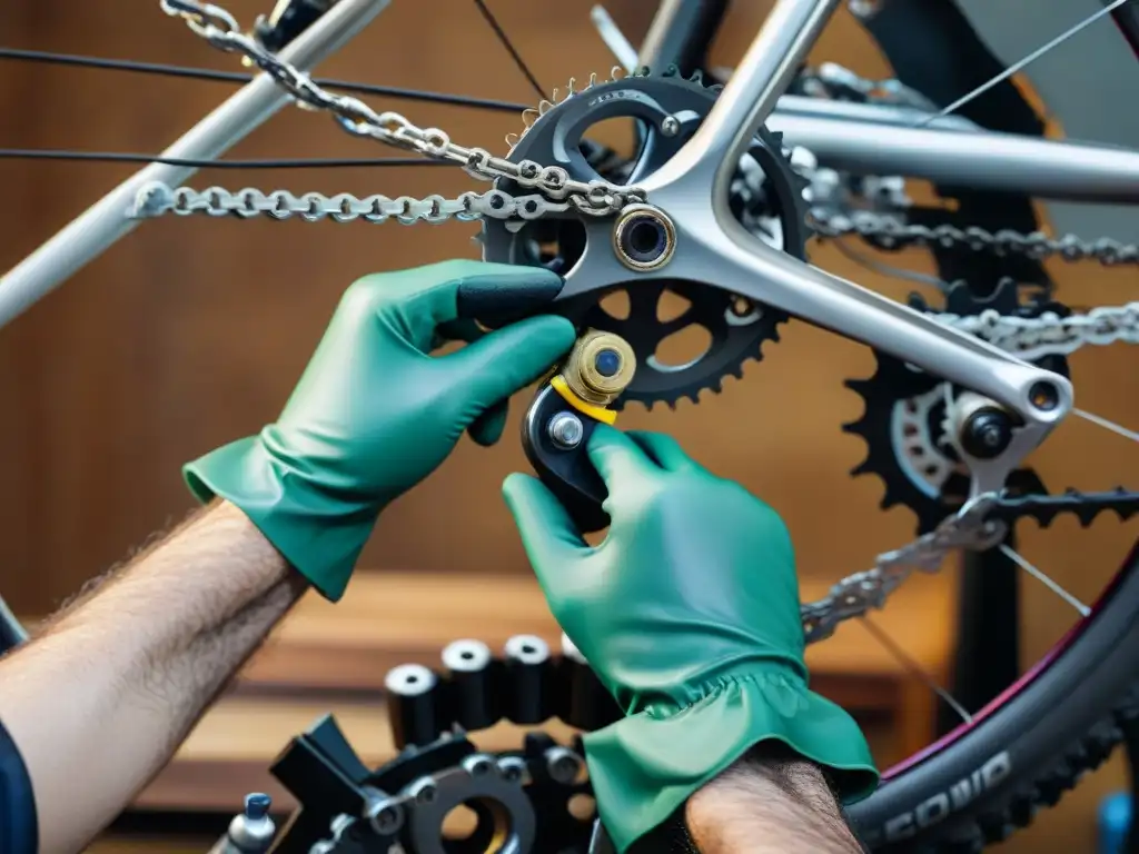 Reparación bicicleta: manos lubricando la cadena con detalle en taller iluminado por luz natural en Uruguay