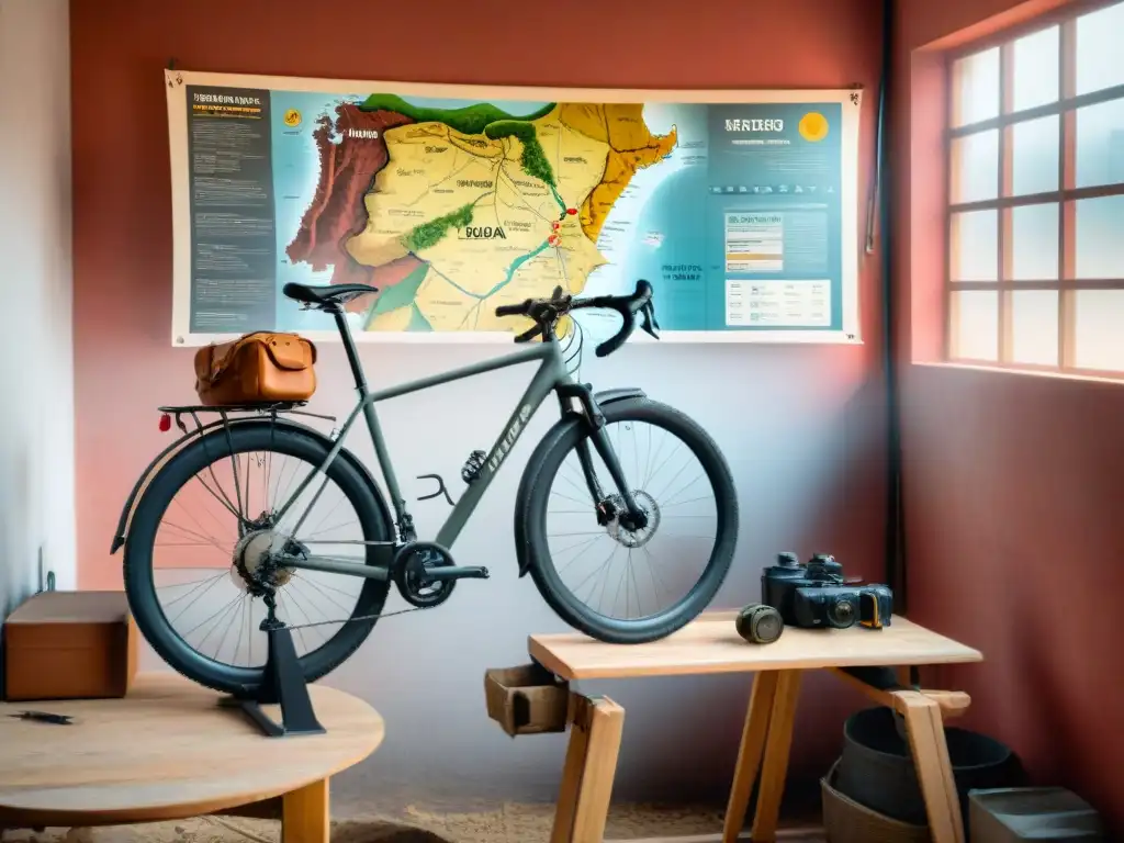 Mecánico ajusta minuciosamente una bicicleta en un taller polvoriento, con mapa de Uruguay al fondo, preparándola para terrenos uruguayos