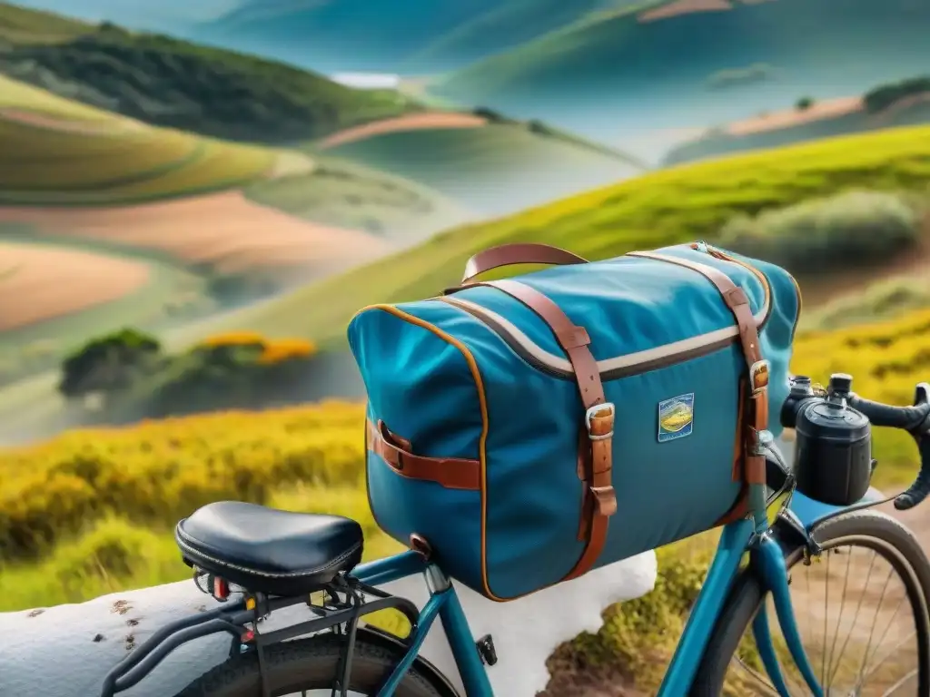 Bicicleta turística con accesorios esenciales en paisaje uruguayo, listo para la aventura