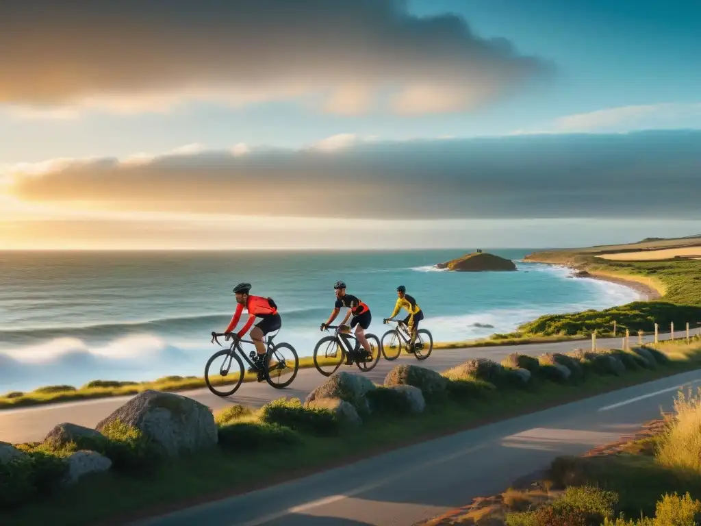 Bicicletas para recorrer Uruguay: Ciclistas en acción al atardecer, explorando la pintoresca costa uruguaya