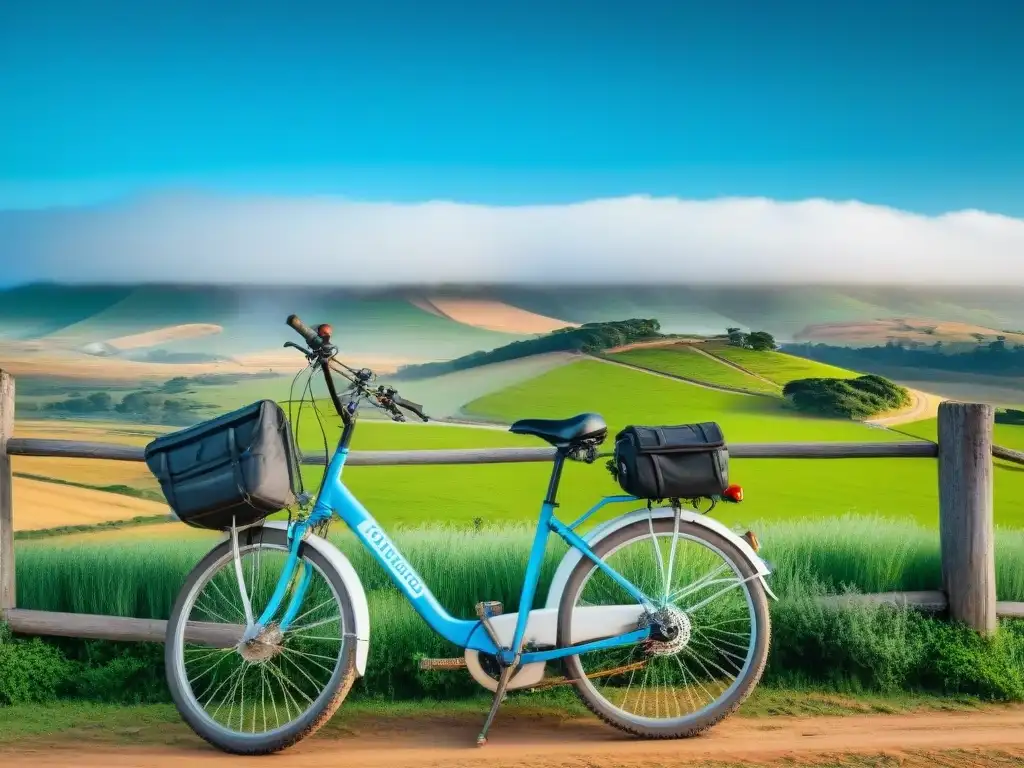 Bicicletas para recorrer Uruguay: paisaje sereno con bicicleta lista para la aventura en el campo uruguayo