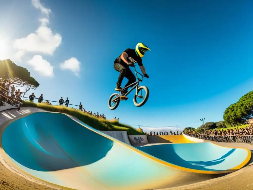 Guía BMX Uruguay bicis extremas: BMX riders ejecutando trucos impresionantes en un vibrante skatepark urbano