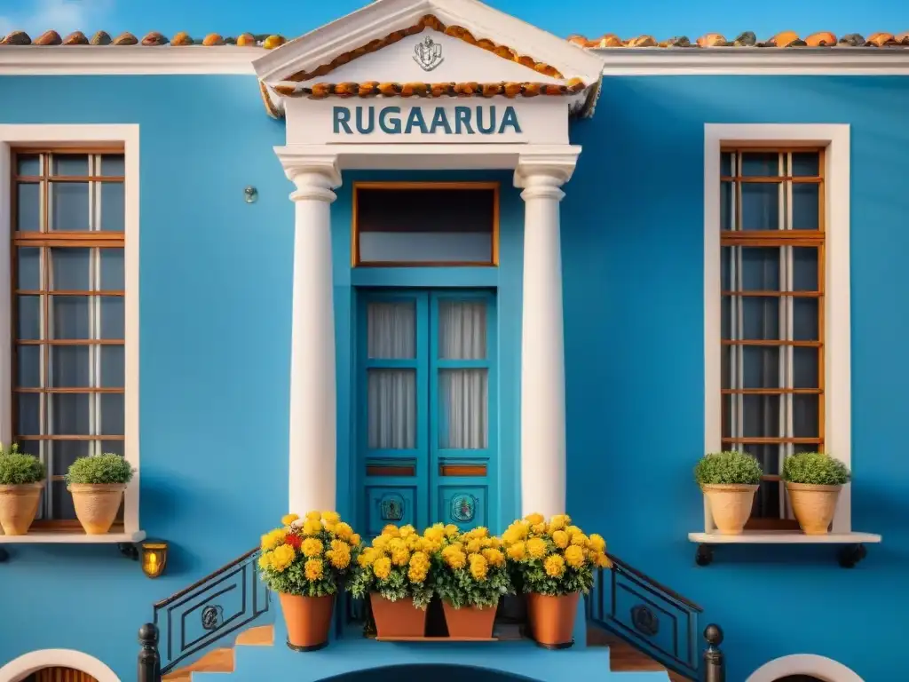 Bienvenido a los mejores hoteles boutique Uruguay: fachada encantadora con balcones de hierro forjado y flores coloridas bajo un cielo azul