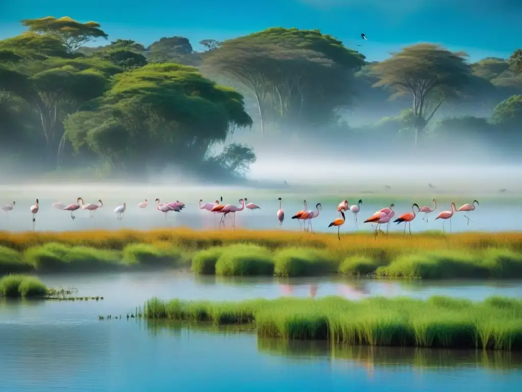 Explorando la biodiversidad de los humedales uruguayos, majestuosas aves sobrevuelan el paisaje acuático