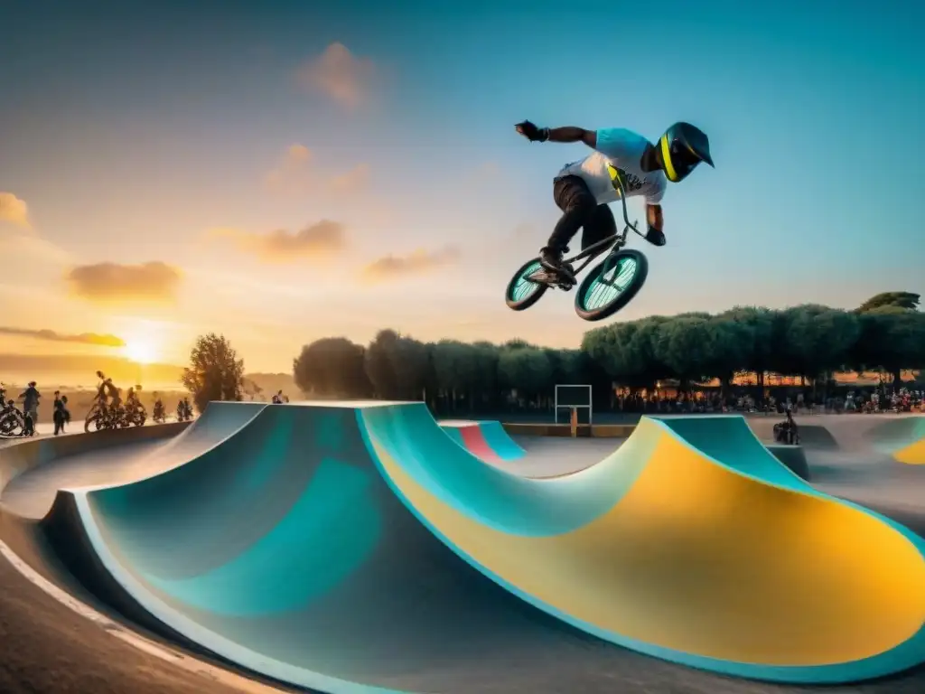 BMX riders realizando acrobacias al atardecer en un vibrante skatepark de Uruguay, con rampas coloridas y graffiti de fondo