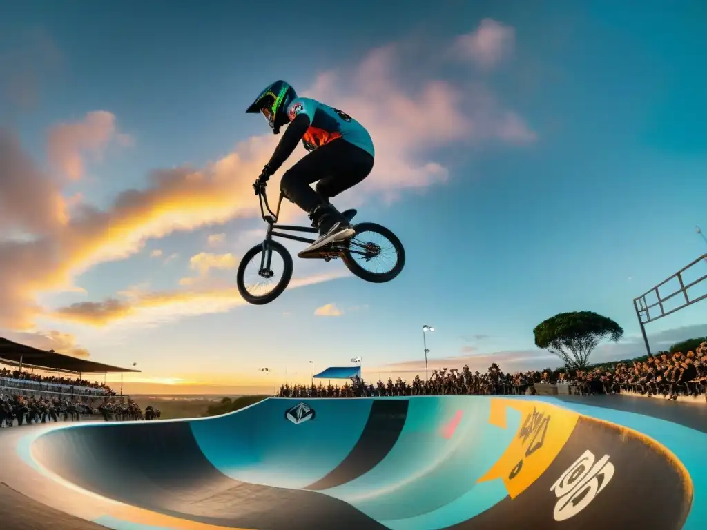 BMX riders ejecutan trucos extremos en skatepark de Uruguay al atardecer