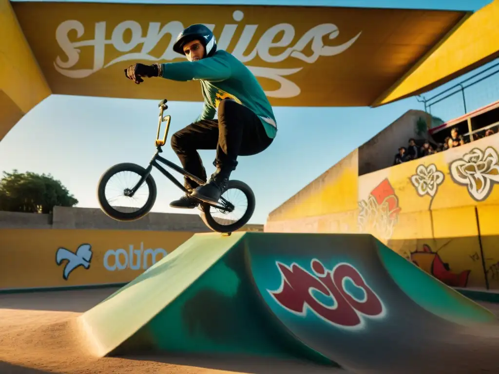 BMX riders ejecutan trucos impresionantes en un skatepark de Uruguay, reflejando historias de skate y BMX en Uruguay