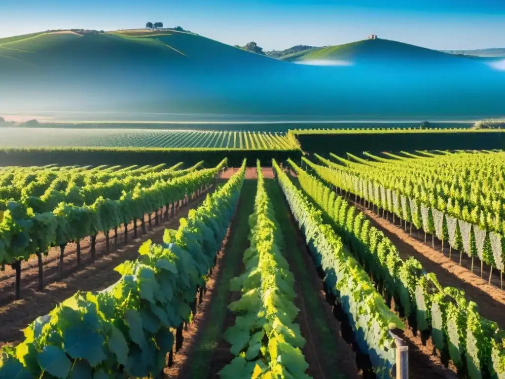 Bodegas ecofriendly en Uruguay: viticultura sustentable en un viñedo soleado, donde viticultores riegan uvas con técnicas innovadoras