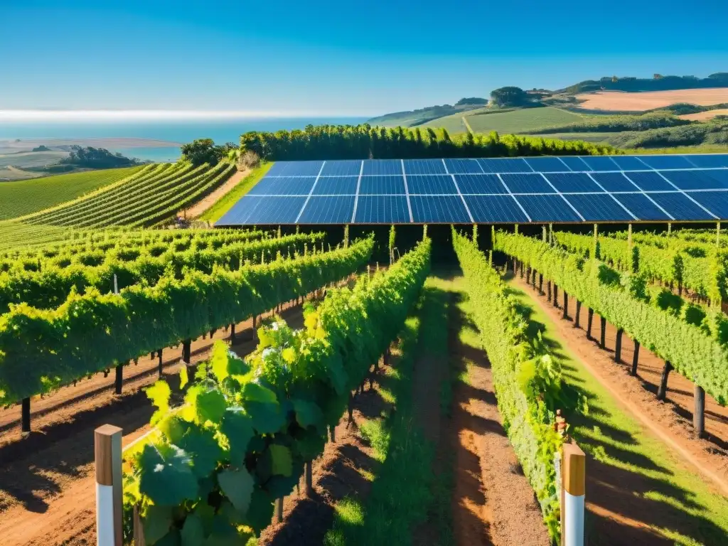 Bodegas ecofriendly en Uruguay: viñedos verdes y paneles solares bajo el cielo azul, reflejando armonía con la naturaleza y el turismo sustentable