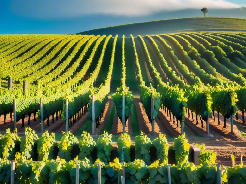 Bodegas con paisajes impresionantes en Uruguay: viñedos verdes se extienden bajo el cielo azul, con colinas y sol cálido