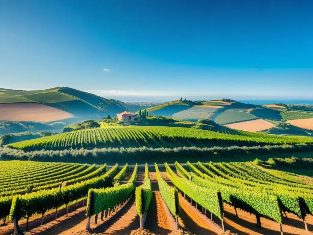 Bodegas con paisajes impresionantes en Uruguay: viñedos verdes bajo el cielo azul, trabajadores y bodega rústica al fondo