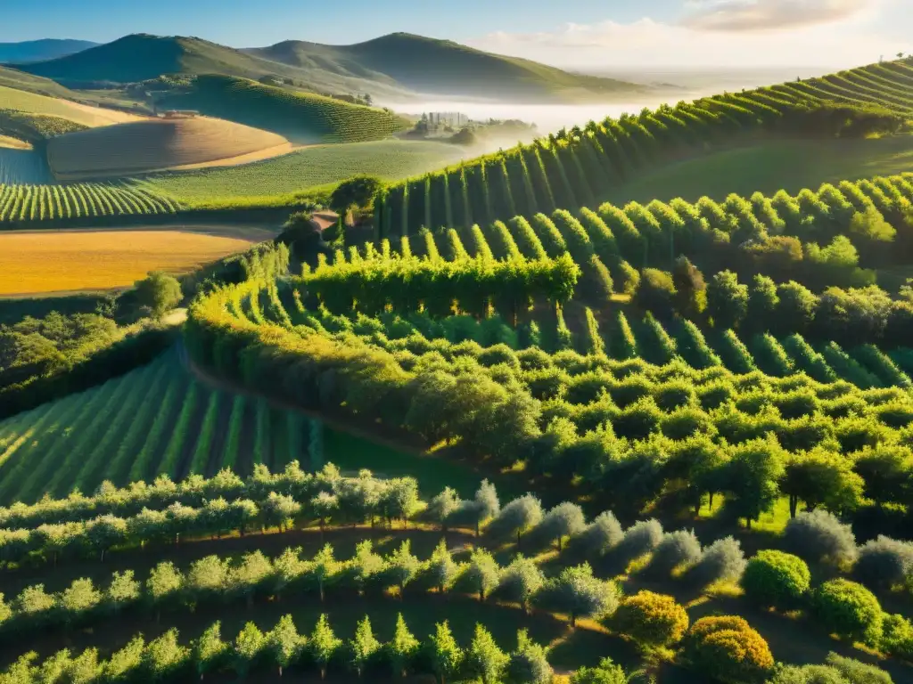 Bodegas con paisajes impresionantes en Uruguay: viñedos verdes bajo cielo azul, sol dorado y arquitectura tradicional