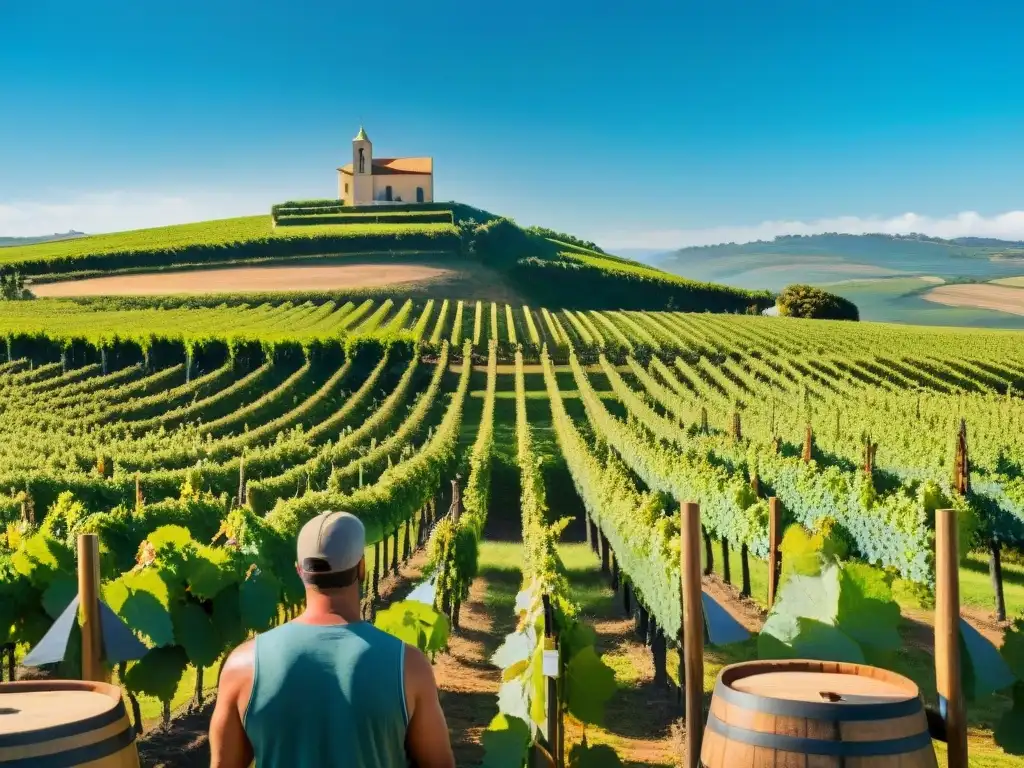 Bodegas uruguayas arte vino cultura: paisaje de viñedo sereno con viñedos verdes y artista pintando un mural en barrica