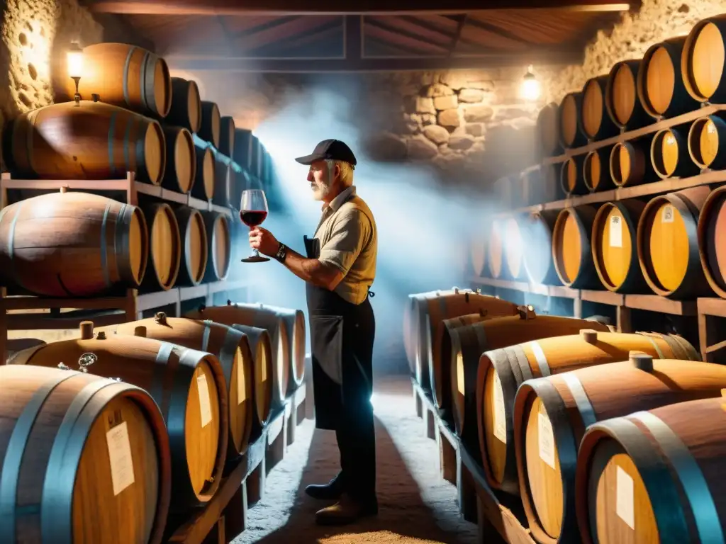 Un bodeguero uruguayo inspecciona barriles de vino en una bodega histórica