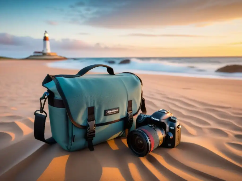 Una bolsa de cámara resistente reposa en la arena de Uruguay, con el faro de Punta del Este y un atardecer dramático al fondo