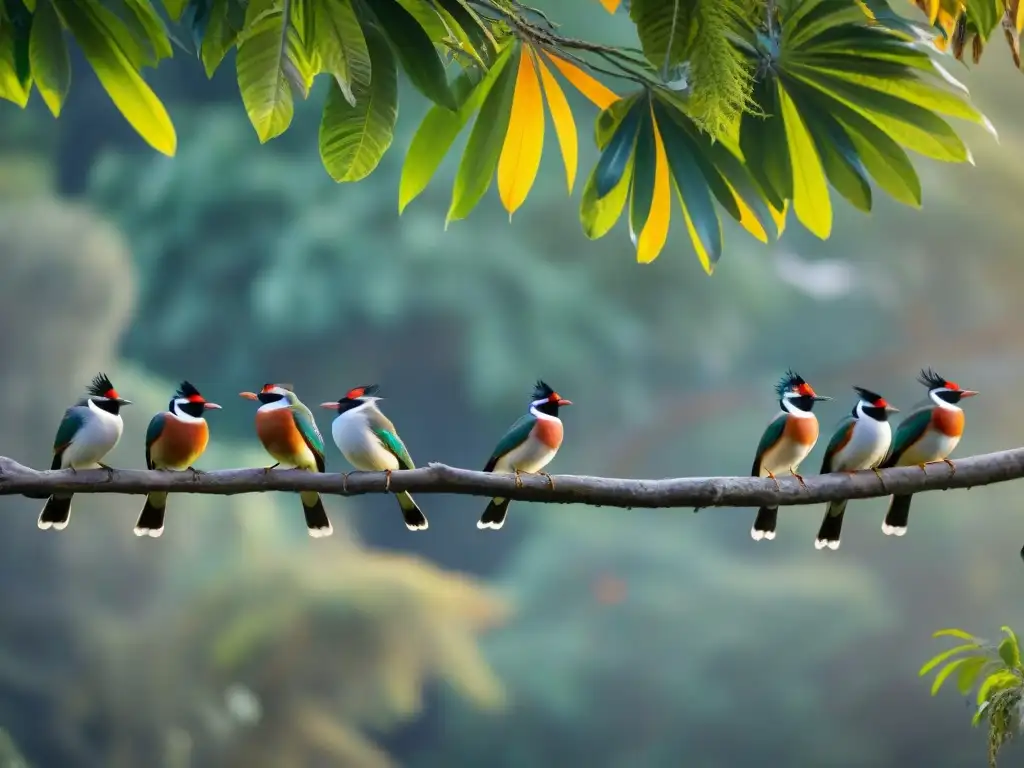 Un bosque encantado en Uruguay: aves coloridas posadas en ramas, con patrones de plumas detallados y luz filtrándose entre hojas