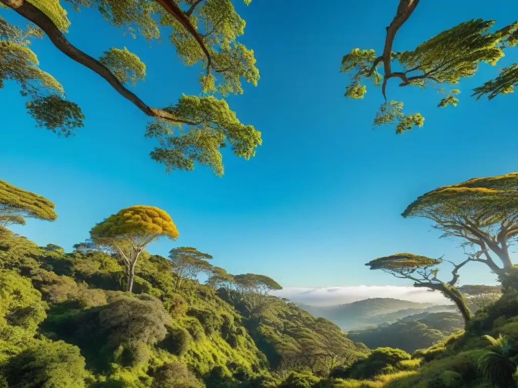 Un bosque exuberante en Uruguay, con árboles nativos y vegetación vibrante bajo un cielo azul